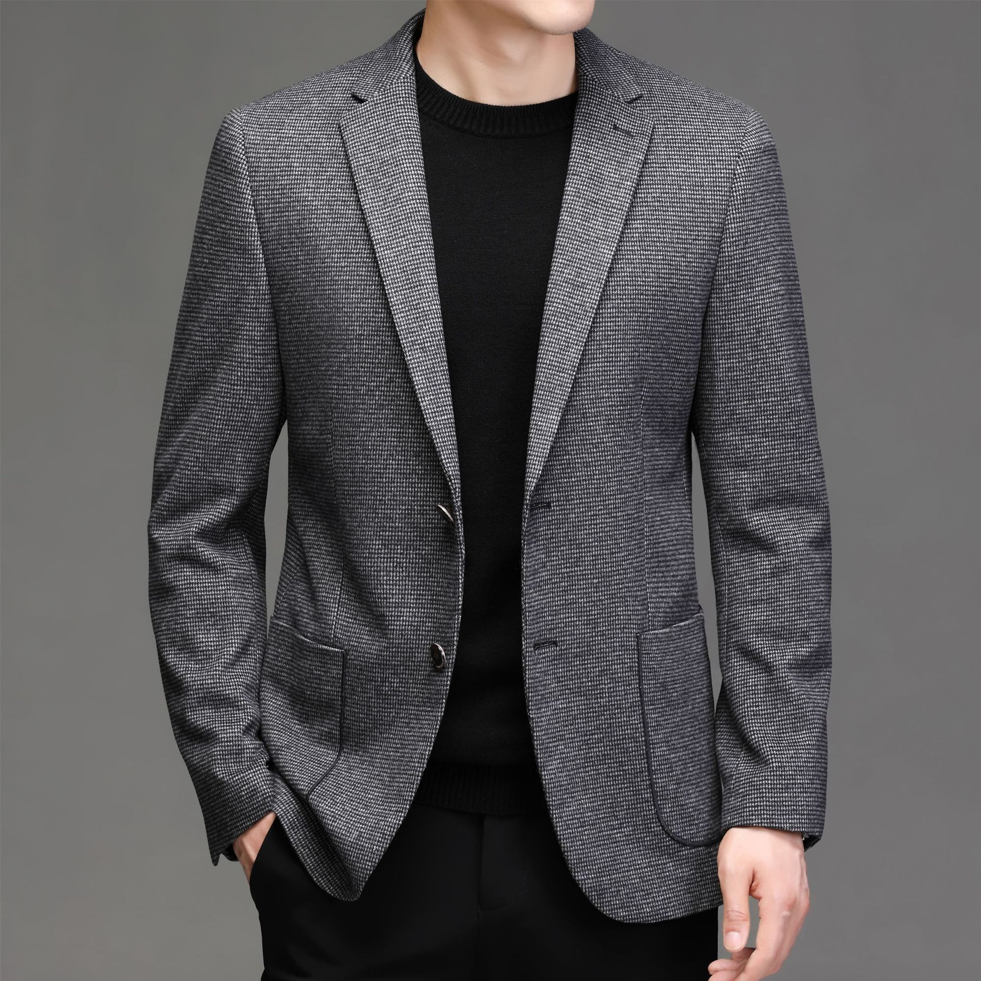 0成交2243件西服男秋季新款中年男士商务休闲小西装格子蓝色外套上衣