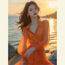 橘色雪纺连衣裙夏季2024新款沙滩海边度假超仙女仙气法式甜美长裙