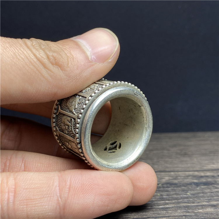 古董镀银戒指老银匠十二生肖纹饰扳指足银可旋转男士指环银饰