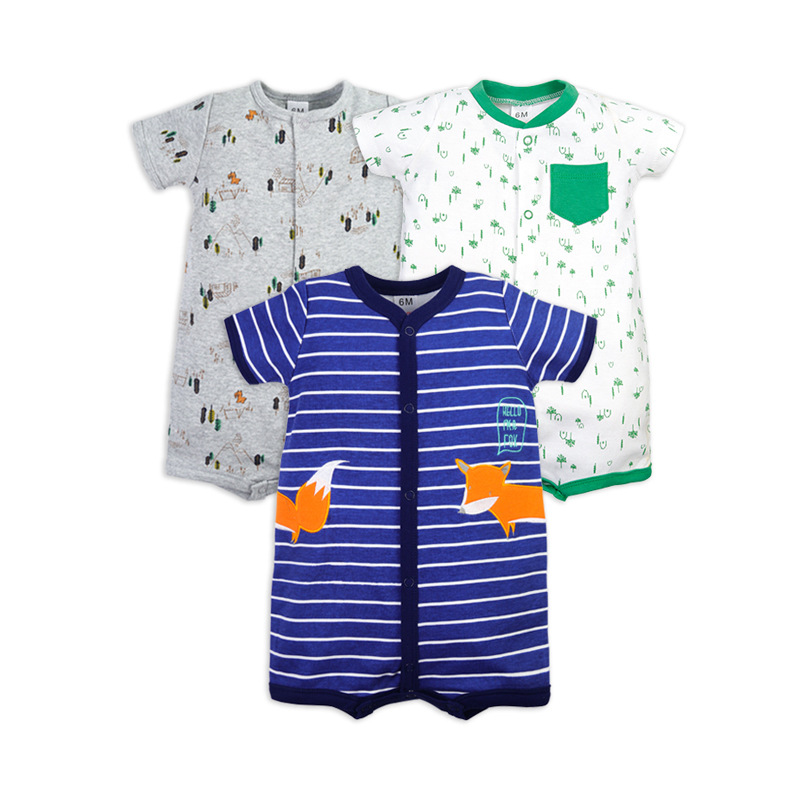 Cross-Border Hot Pattern 3-Piece Set Foot-Wrapped Short Climbing Baby Baby Cotton Foot-Wrapped Jumpsuit Romper Short Sleeve Romper Wholesale