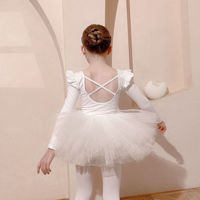 儿童舞蹈服长袖白色女童秋冬练功服套装幼儿芭蕾舞裙考级舞衣