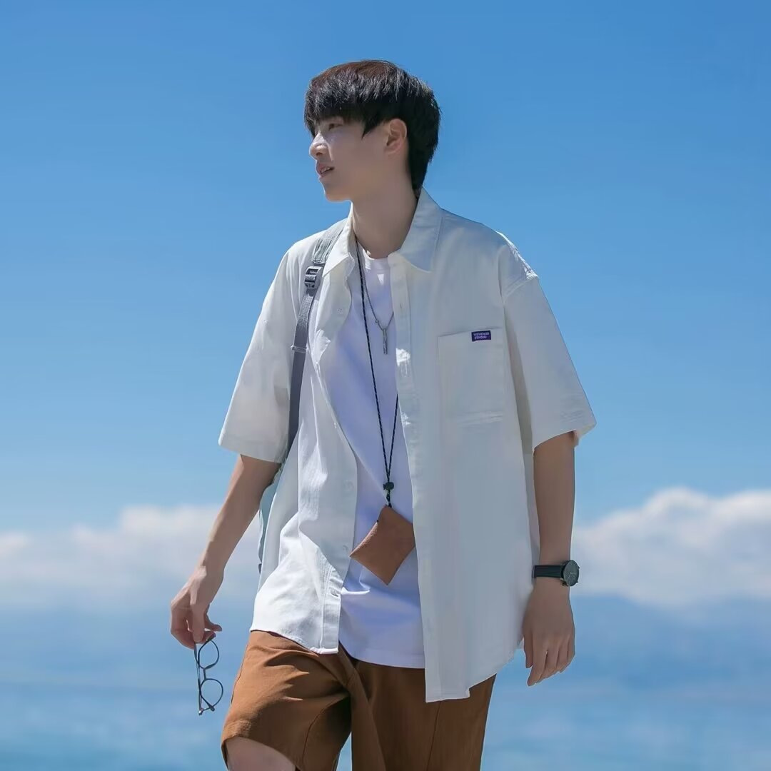 日系慵懒风衬衫休闲宽松帅气短袖套装男文艺大学生cityboy穿搭