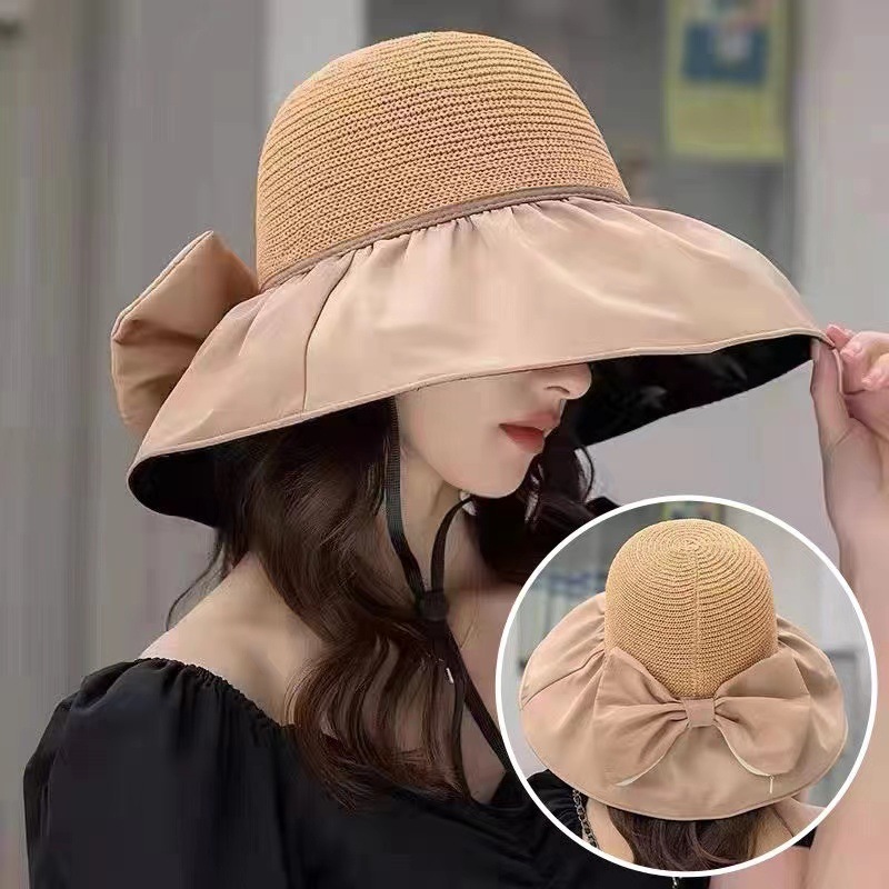 Hat Women's Fashion Summer Vinyl Sun Hat Big Brim Sun Protection Hat Uv Protection Cover Face Bow Sun Hat