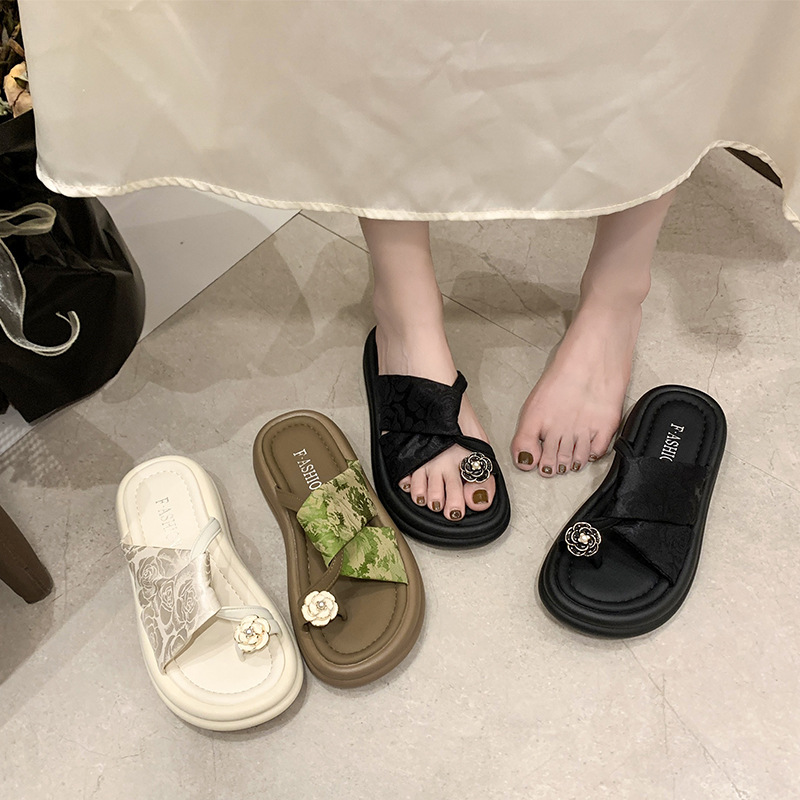 2024新款新中式夹脚人字拖女国风印花亮钻套趾厚底凉拖鞋女夏外穿