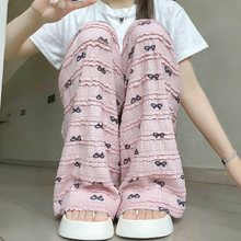 粉色蝴蝶结阔腿裤女夏季2024新款高腰垂感宽松直筒甜美蕾丝休闲裤