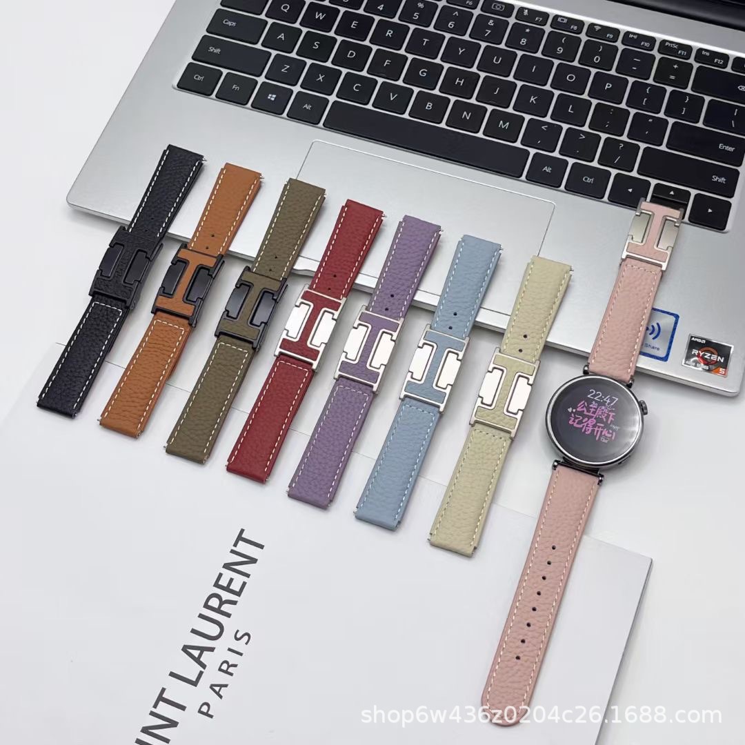适用华为GT4/3pro荔枝纹H折叠扣表带watch4荣耀手表4pro皮18/22mm