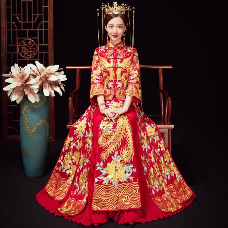 中式凤冠霞帔婚服全套汉服古代夏季古装女夏敬酒服酒新娘婚宴