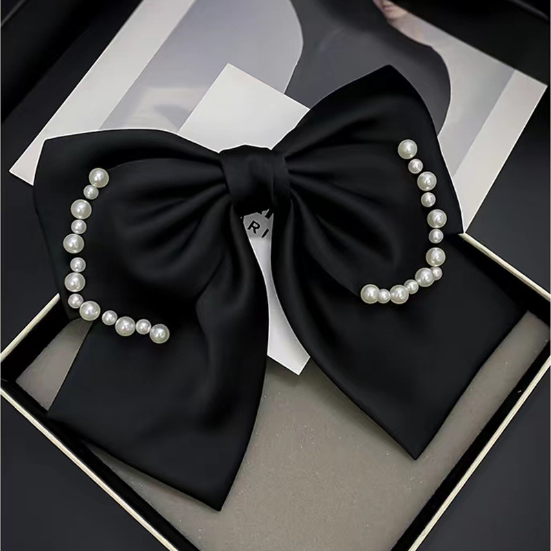 黑色蝴蝶结发夹森系仙美珍珠发卡后脑勺半扎头饰花卡女士头顶夹子