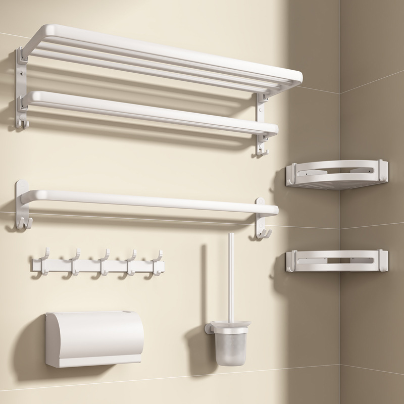 White Towel Rack Bathroom Foldable Towel Rod Alumimum Punch-Free Bathroom Storage Rack Bathroom Hardware Pendant