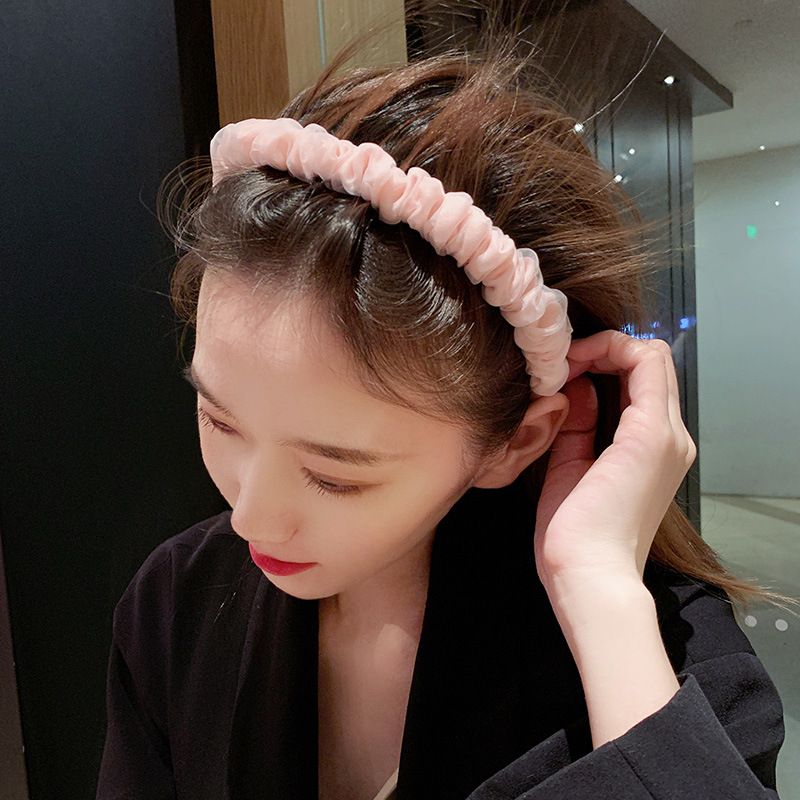 Japan and South Korea Internet Hot Sweet Mesh Pleated Headband Super Fairy Retro Solid Color Face Wash Hair Band Girl Korean All-Match Hair Accessories