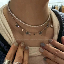 韩国新款ins银色矩形流苏金属项链 时尚高级感锁骨链chocker项饰