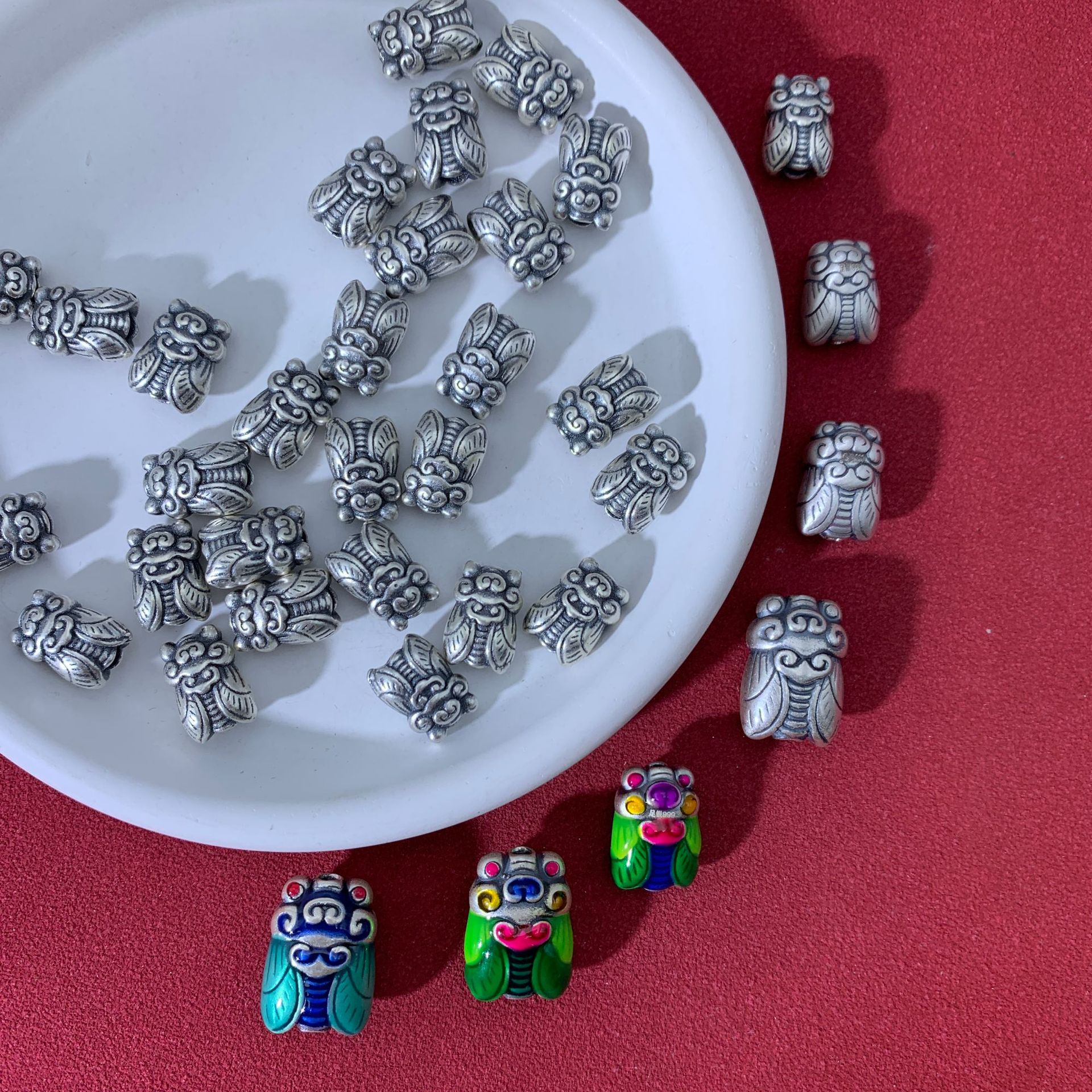 足银3d硬银 一鸣惊人 蝉 知了 转运隔珠手工diy编绳项链配饰批发