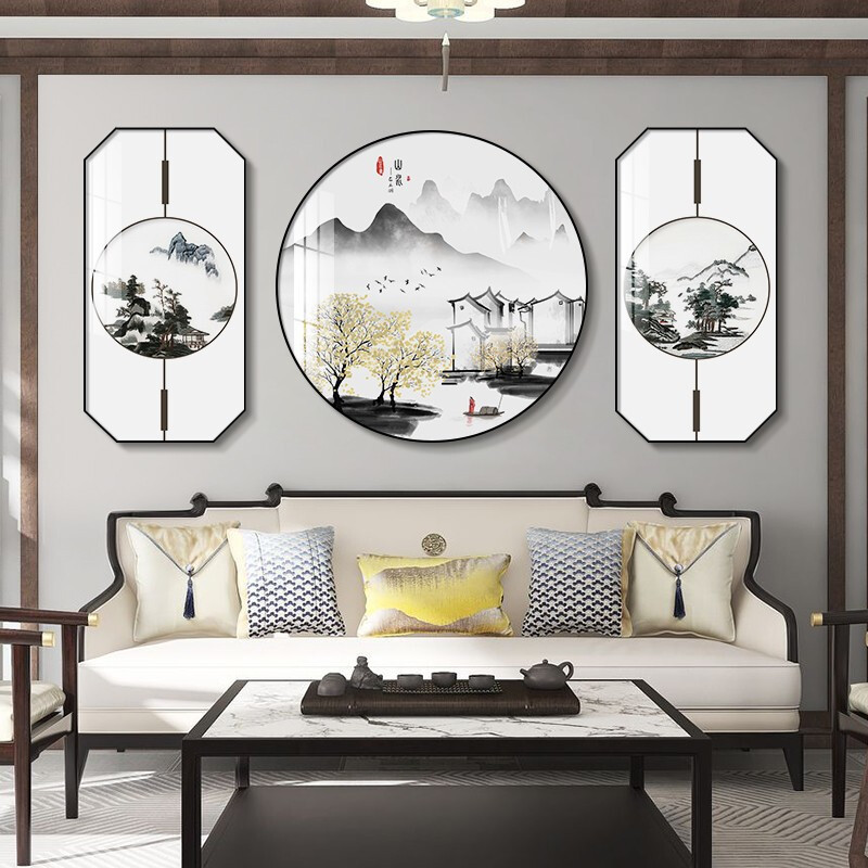 新中式客厅装饰画山水画三联沙发背景墙画简约现代客厅晶瓷挂画