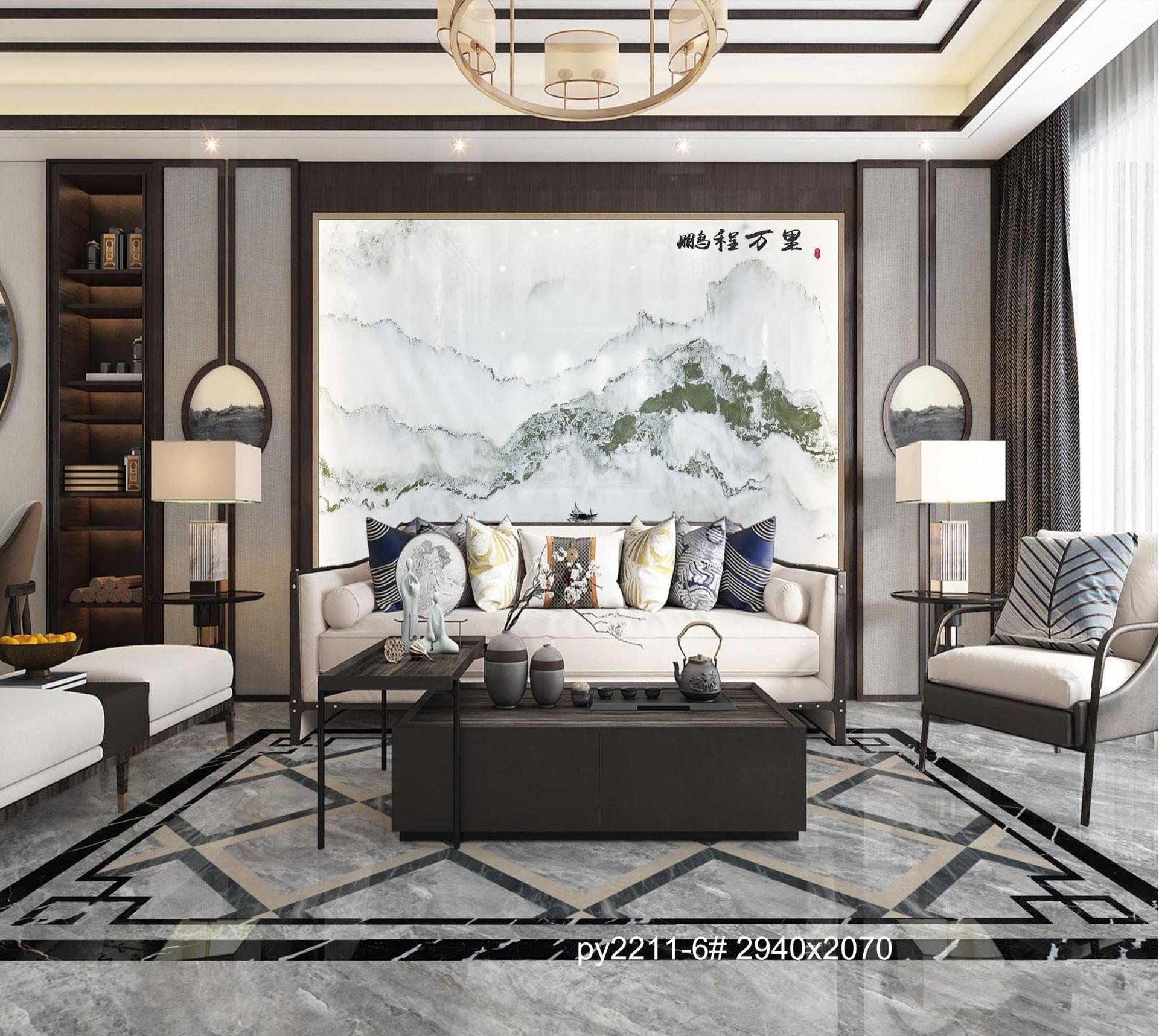 天然山水画背景墙新中式背景山水画大理石背景墙天然石画玄关背景