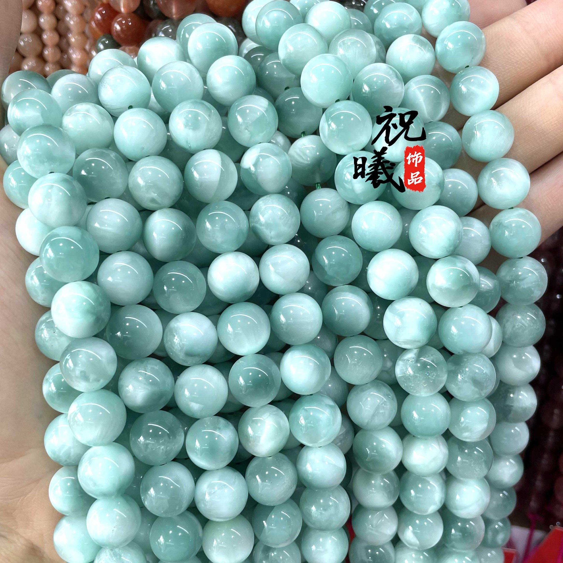 天然绿海纹石散珠 海纹石水晶圆珠diy配件男女手链串珠子材料