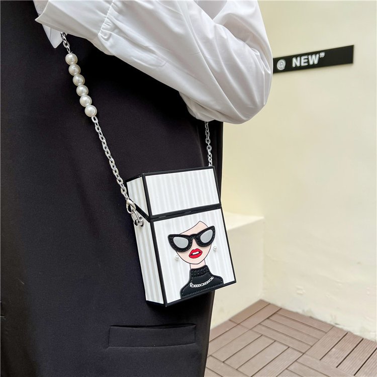 Cross-Border New Arrival Cigarette Case Beauty Women's Bag Fashion Glasses Girls Bags Personality All-Match Pearl Chain Bag