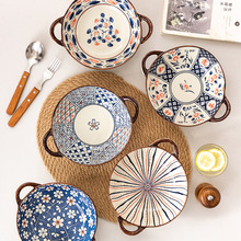 日式复古双耳汤碗 陶瓷家用不规则异形碗家用沙拉拌面烤碗拉面碗
