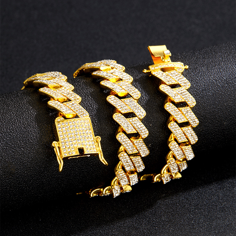 Cross-Border Hip Hop Cuban Link Chain European and American High Quality Men's Domineering Necklace Light Luxury Burst Pinyuan Head Bracelet Manufacturer