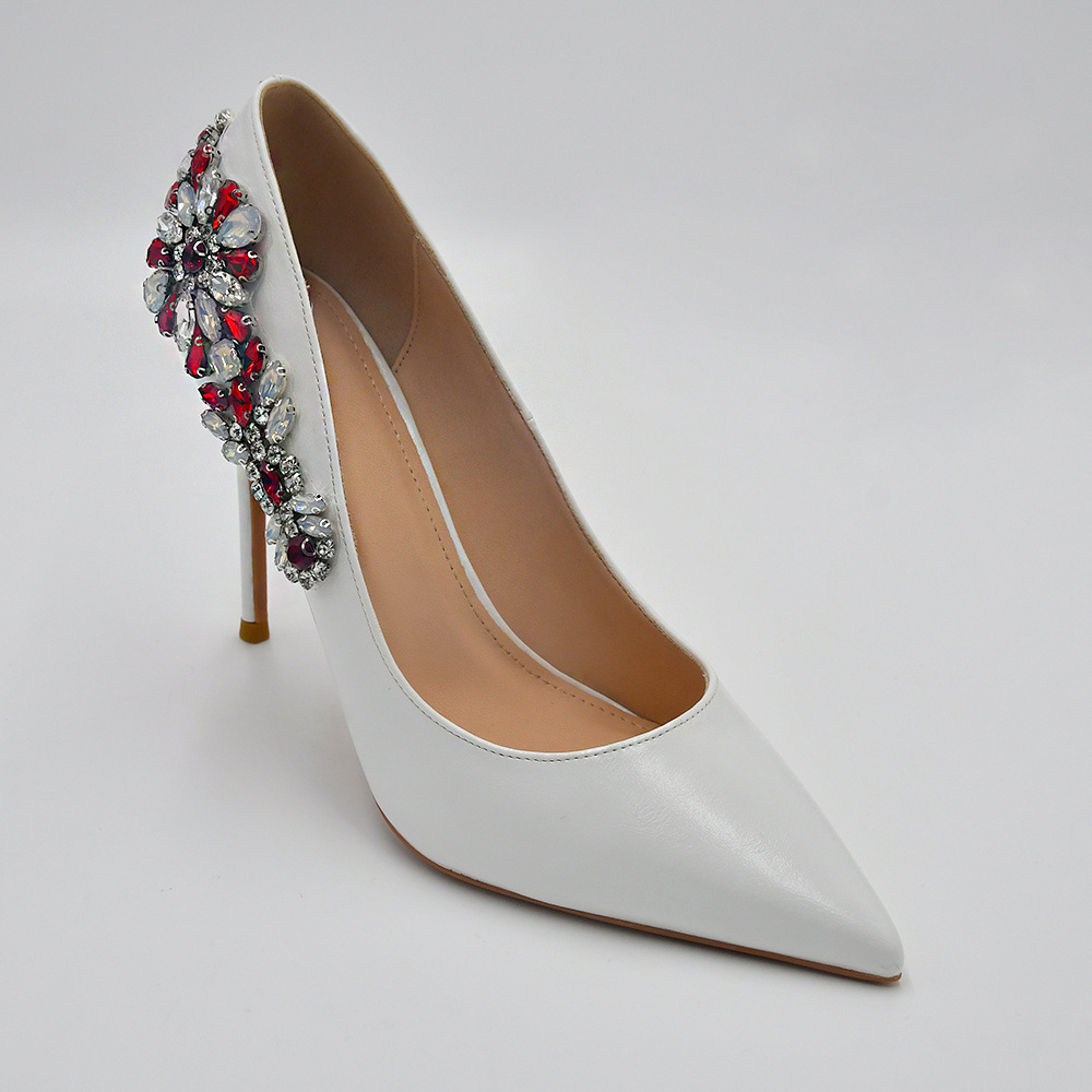 优拉潘 现货主婚纱尖头皮面水钻红宝石新娘婚鞋 宴会礼服单鞋a58