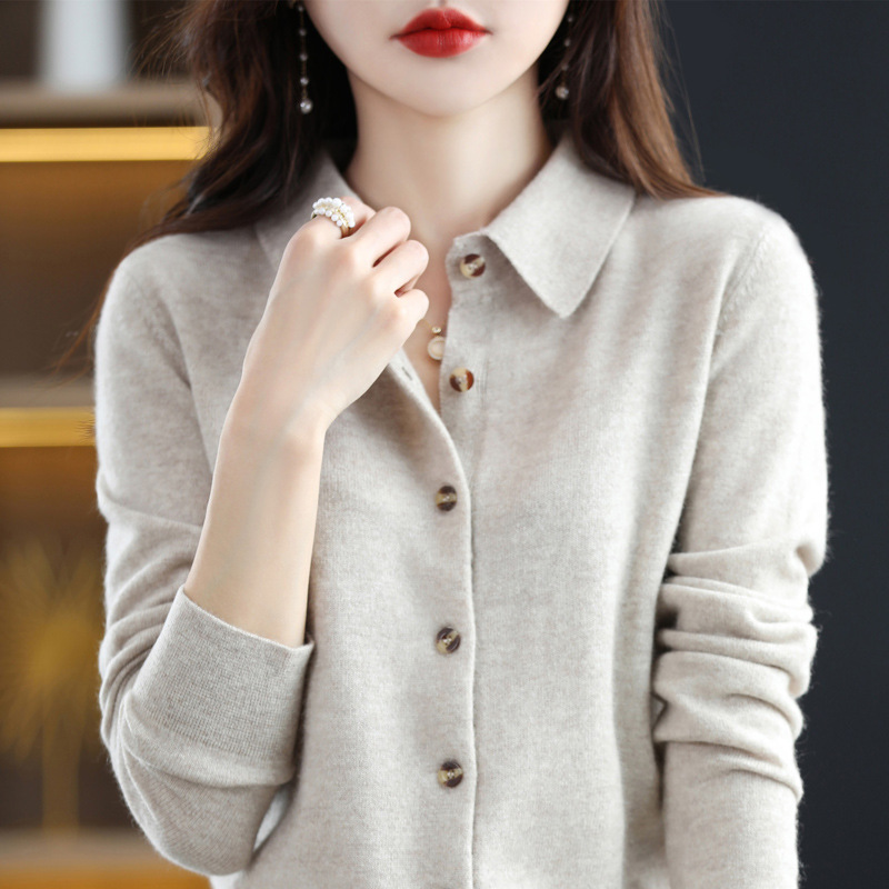 Autumn and Winter Polo Collar Pure Wool Sweater Women's Coat Younger Peter Pan Collar Cashmere Coat Women's Loose Lapels Knitted Cardigan