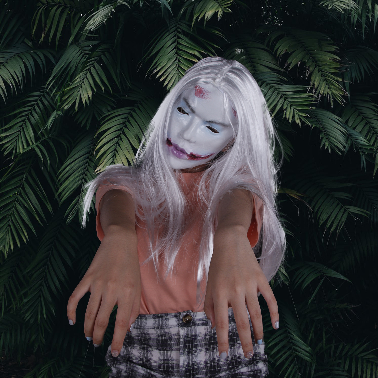 白发魔女面具整人乳胶恐惧鬼脸头套伤疤流血恶魔丧尸万圣节酒吧玩