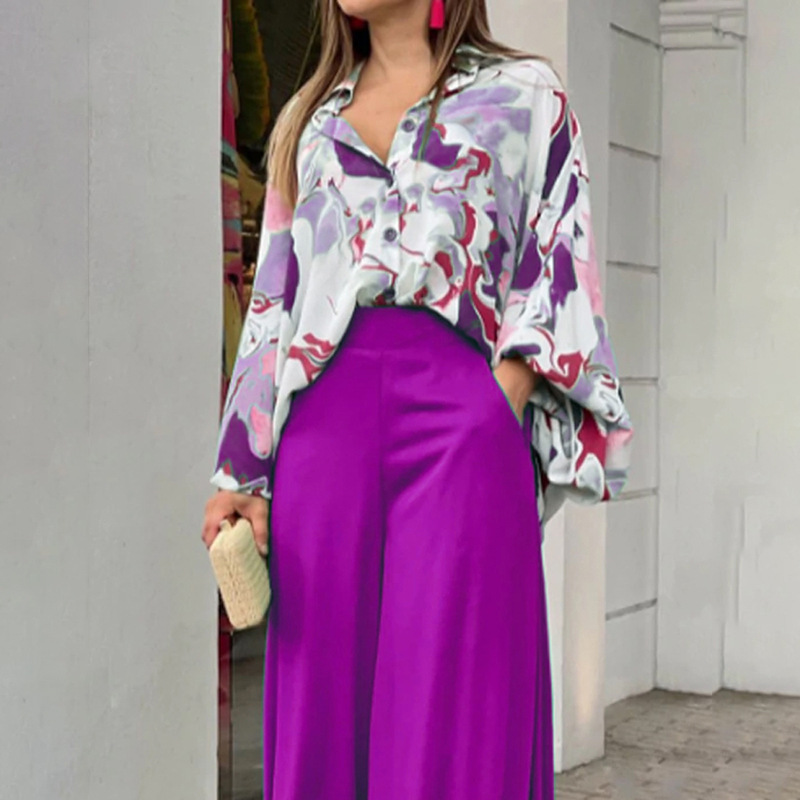 women clothes European and American Women's Clothing Independent Station Spring Ebay Printed Shirt Elegant Wide Leg Pants Fashion Casual Set