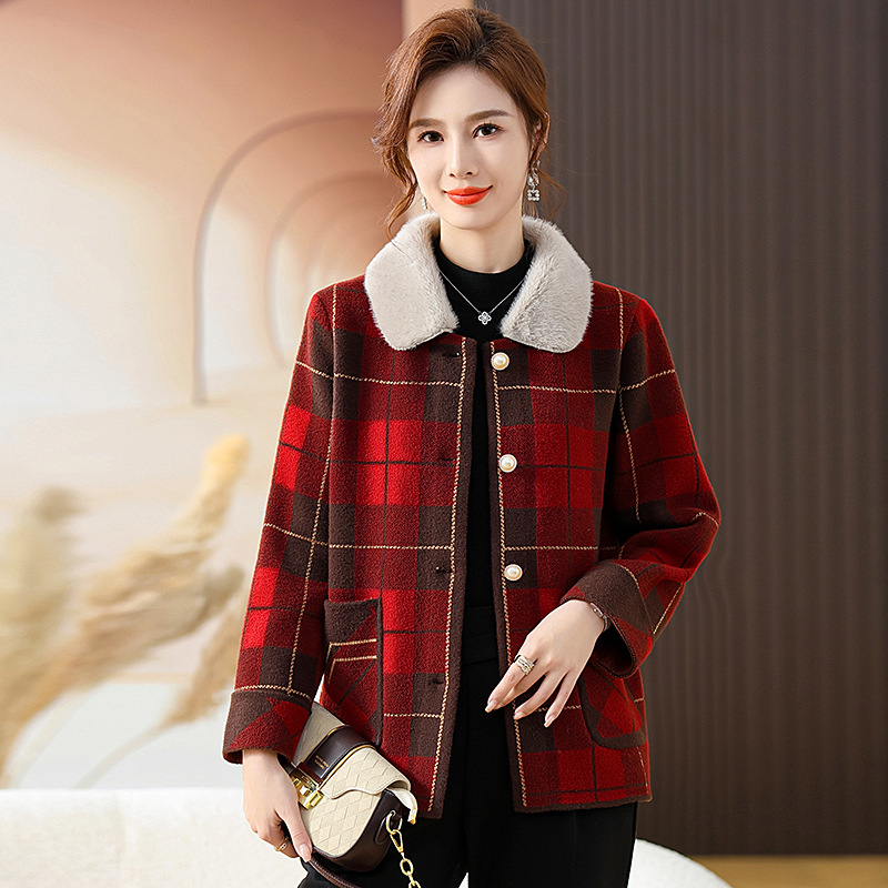 2023 New Middle-Aged and Elderly Autumn and Winter Plaid Mother's Noble Coat Women's Clothing Fashionable Stylish Imitation Double-Faced Woolen Goods Cardigan