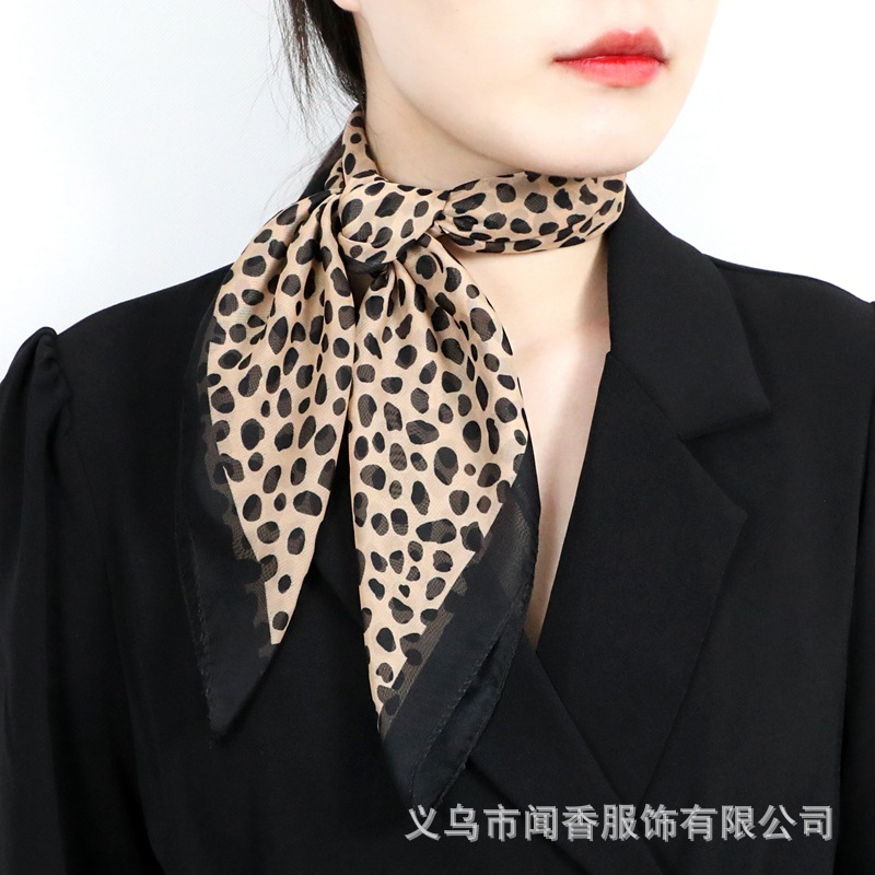 2022 Leopard Print Chiffon Small Square Towel European and American Style Wear Scarf Women's Spring and Summer Neck Protection Sunscreen Scarf