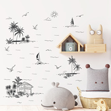 夏季海滩椰子树线条贴画跨境可移除客厅卧室家居装饰墙贴 MUP1688