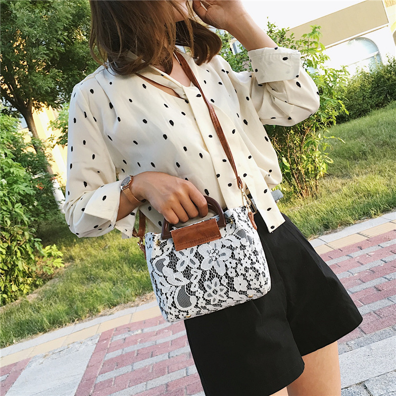 Blue Cool Women's Bag 2021 New Lace Portable Small Square Bag Ins Korean Style Fashionable Simple Solid Color Shoulder Messenger Bag