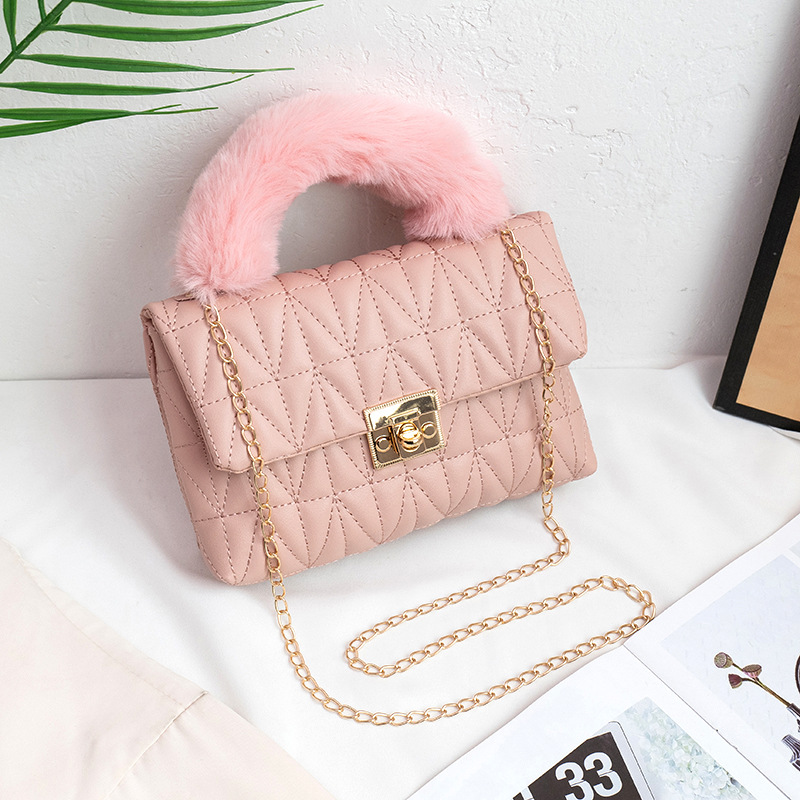 Sweet Cute Plush Hand-Carrying Bag Fashion Rhombus Chain Shoulder Bag Personality Embroidered Crossbody Bag Mini Phone Bag