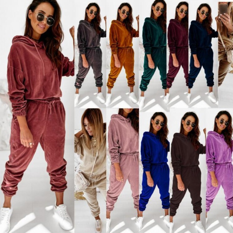Gold Velvet Hooded Pullover Sportswear Two-Piece Set 2023 European and American Autumn and Winter Women's Clothing New Solid Color Fashion Loose