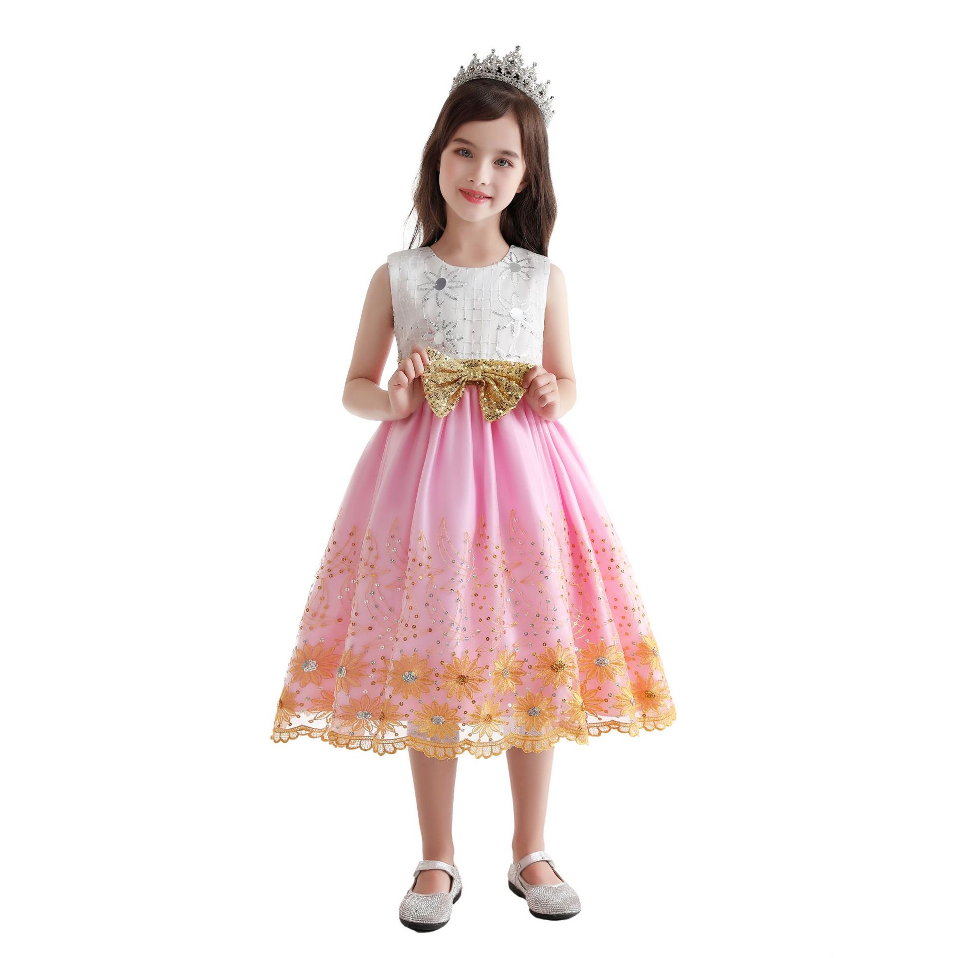 2021小女孩绣花连衣裙女童亮片公主裙蝴蝶结欧美花童婚纱礼服童装