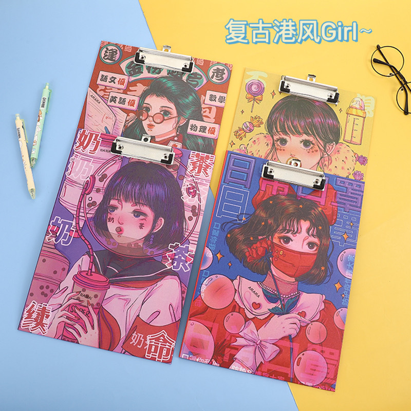 A4 Clip with Wooden Board Hong Kong Style Girl Cartoon Folder Student Hard Pad Test Paper Homework Clip Writing Board Office Supplies