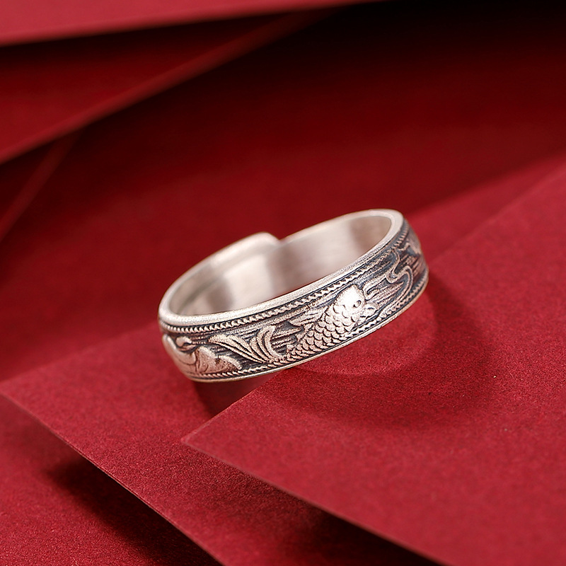 9足银复古做旧国潮民族风鲤鱼戏水戒指好运锦鲤银指环-阿里巴巴