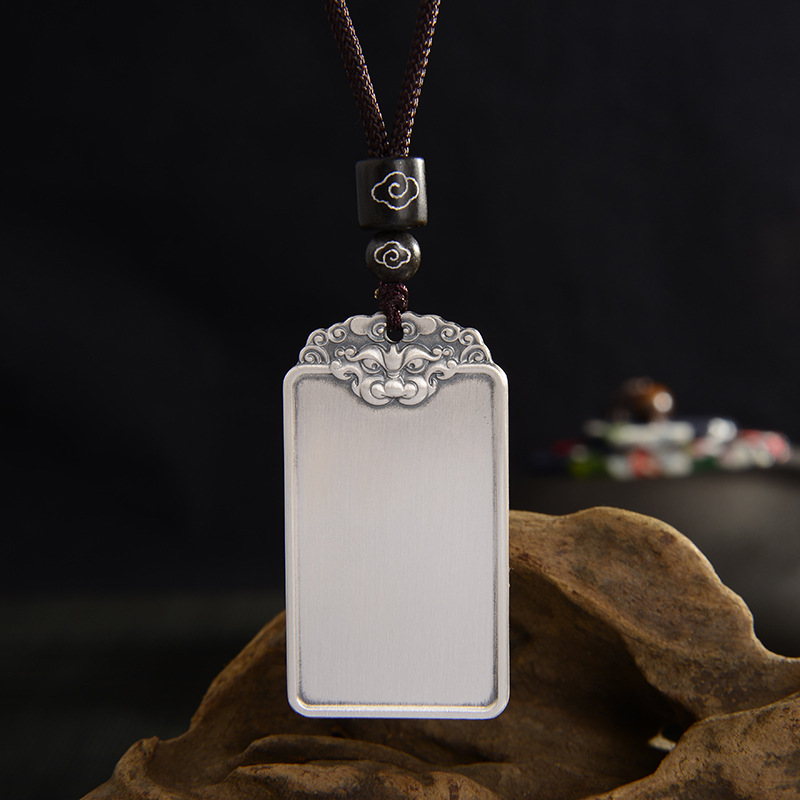 福氏足银999银吊牌国潮复古兽头祥云无事牌吊坠纯银项链挂件
