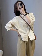韩版简约通勤中袖衬衫女2024夏天美拉德宽松衬衣圆领七分袖上衣