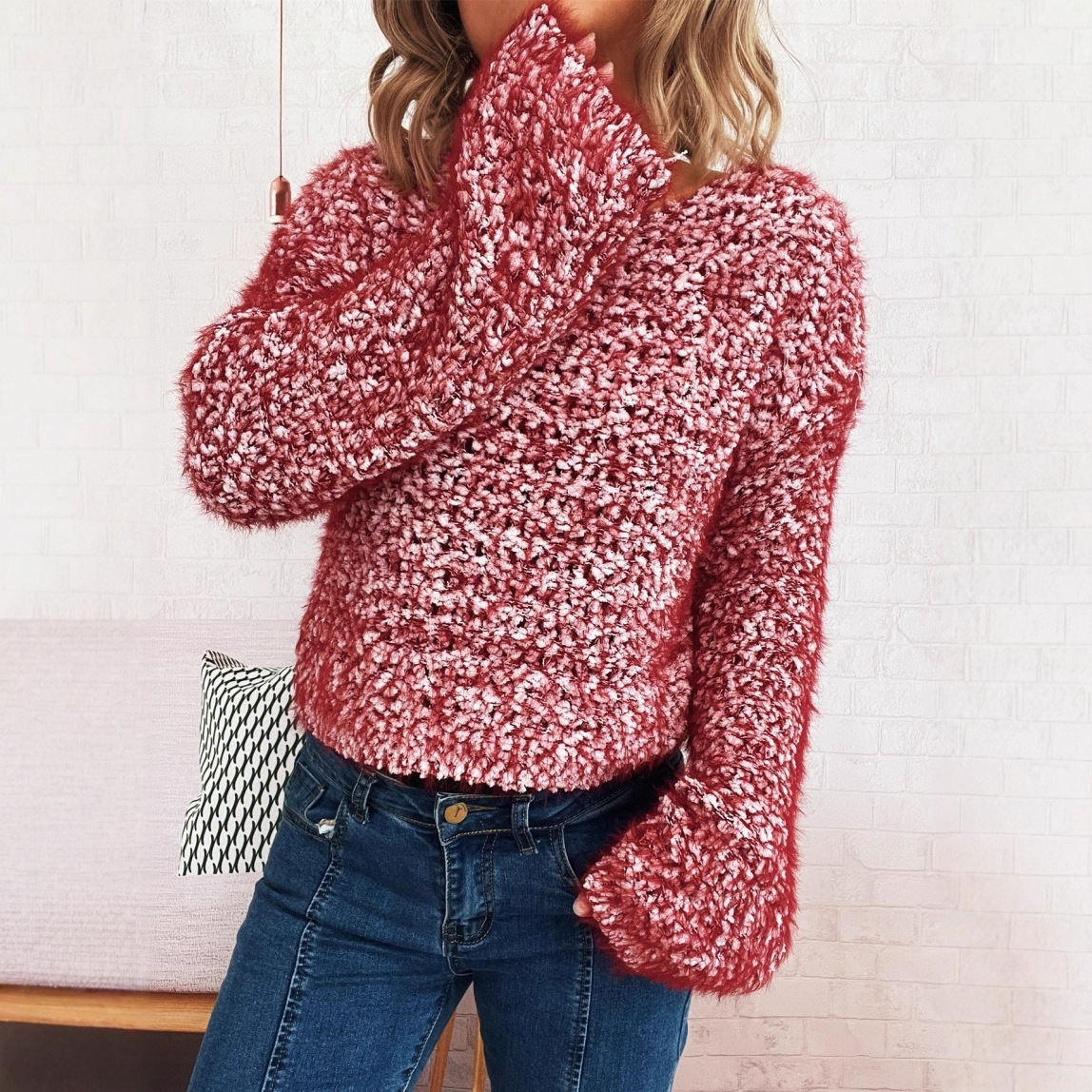 跨境亚马逊女装秋冬新款仿貂毛混织针织套头衫休闲宽松圆领毛衣女