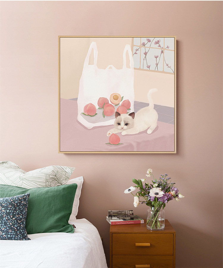 圣仕猫咪温馨卧室床头装饰画治愈系方形挂画北欧风格客厅餐厅壁画