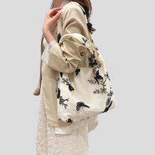 新款中式包包帆布大容量女刺绣黑蝴蝶单肩包仙女袋休闲通勤托特包