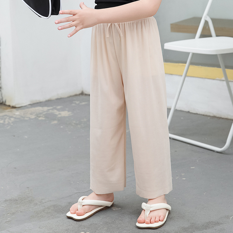 Girls' Anti-Mosquito Pants 2023 New Summer Thin Children's Pants Medium and Big Children Loose Casual Ice Silk Cropped Wide-Leg Pants