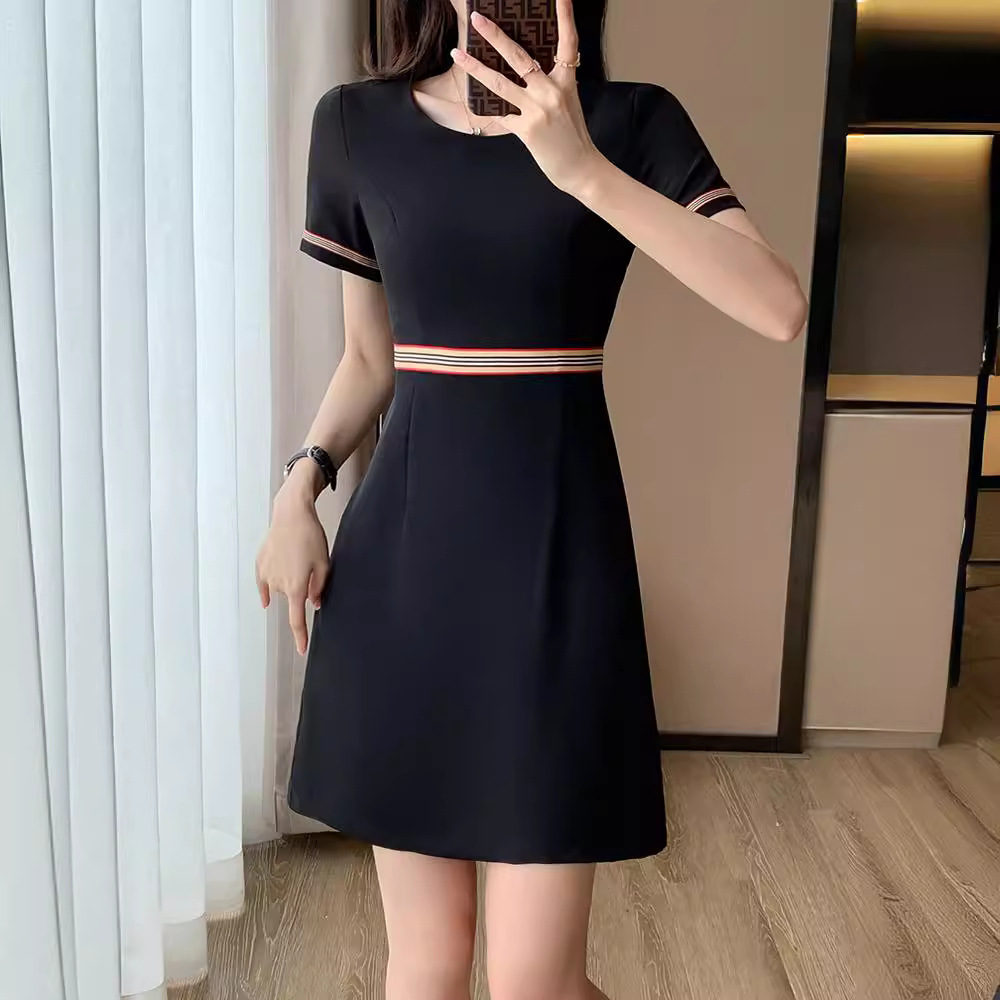 夏季时尚女装纯色短袖撞色连衣裙职业装圆领珠宝店美容院工作服