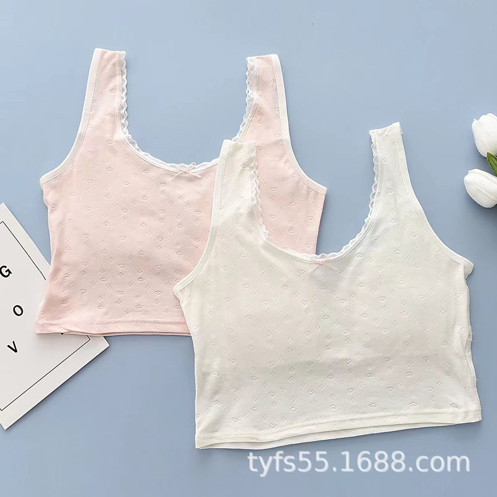 女童u领海绵垫棉背心发育期少女内衣初高中生精梳棉宽腰内搭上衣