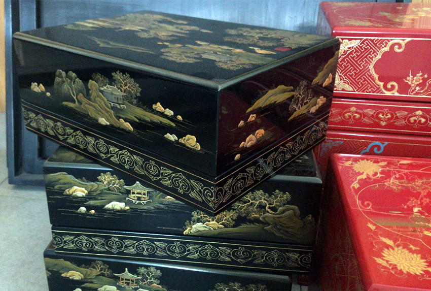 大漆漆器莳绘工艺复古首饰盒木质贴金描金彩绘堆漆推光漆艺礼品盒