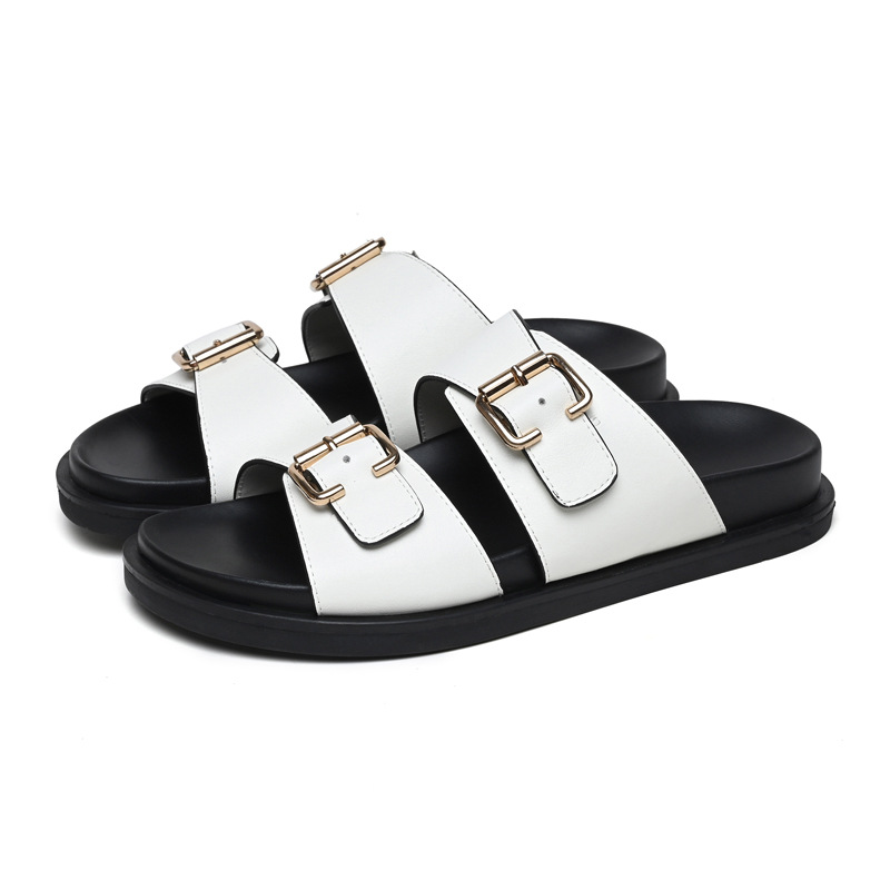 Genuine Leather Boken Slippers Beach Sandals Women's Comfortable Platform Summer Outdoor Soft Cowhide Flat Buckle Sandals