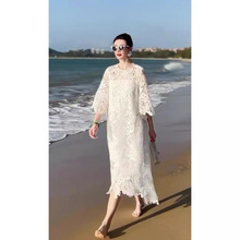 桔梗法式超仙海边度假小众设计高级感宽松白色蕾丝连衣裙夏季女装