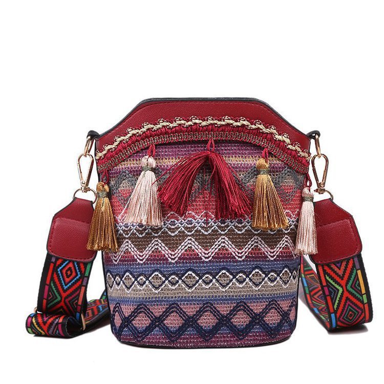 Ethnic Style Small Bag Female 2021 New Fashion Messenger Bag Wide Shoulder with Net Red Envelope Fashion Shoulder Bucket Bag