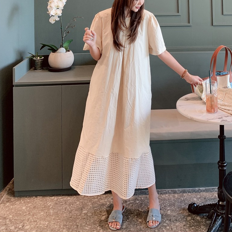 韩版大码女装2024圆领短袖拼接小网格连衣裙套头宽松型a字裙口袋