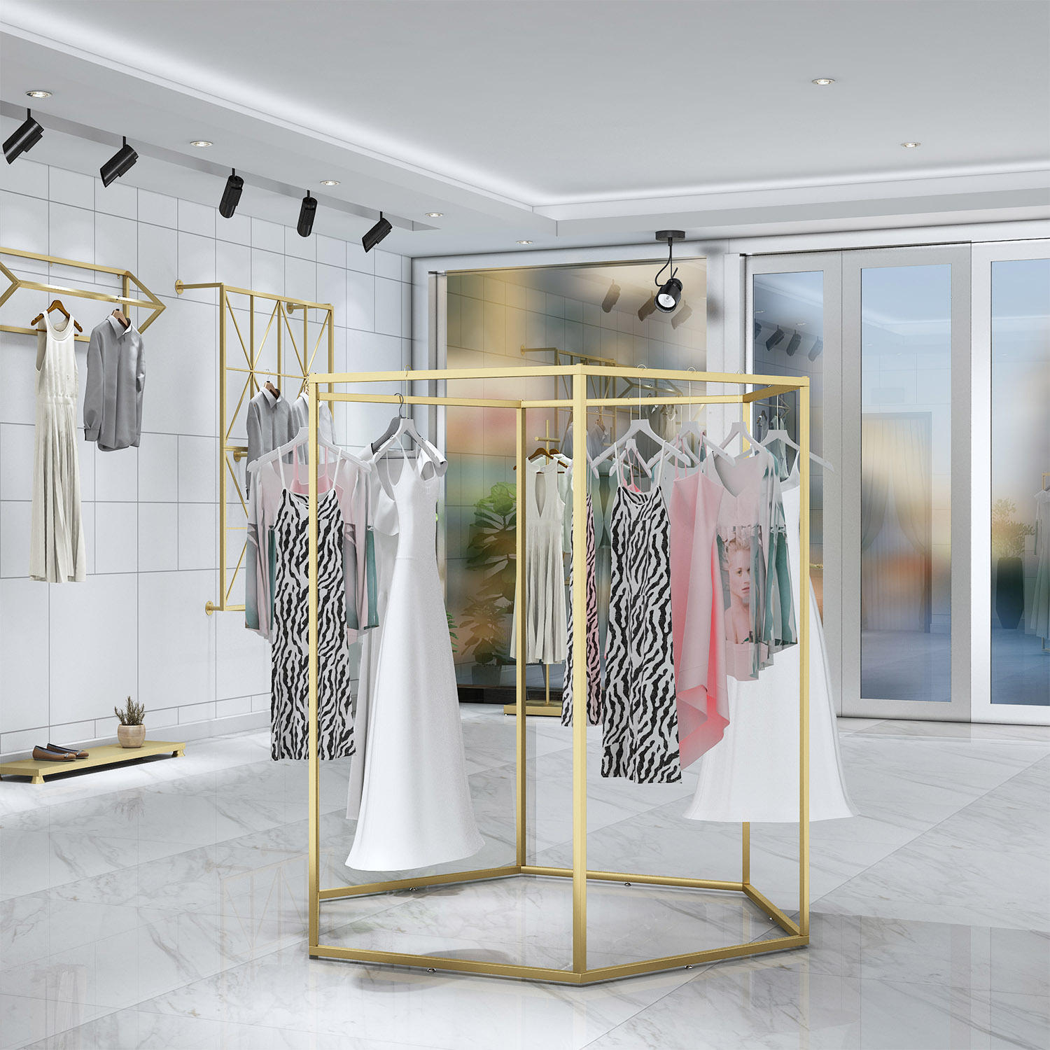 金色服装店中岛架展示架落地式创意菱形女装童装店铺中间陈列货架