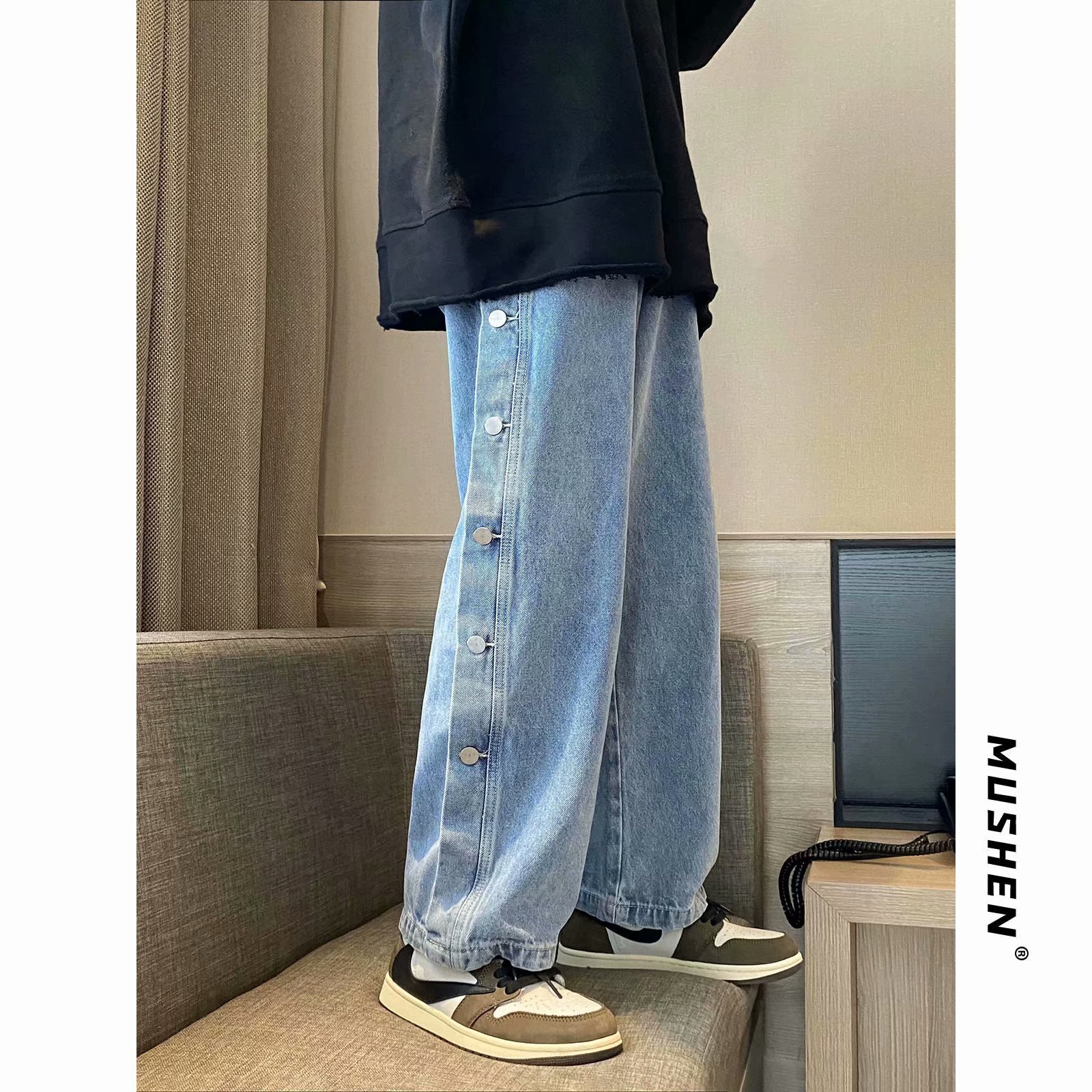 Breasted Jeans Men's Fashion Brand Straight Korean Style Loose Student Trendy Ins Wide Leg Leisure Daddy Pants Delivery